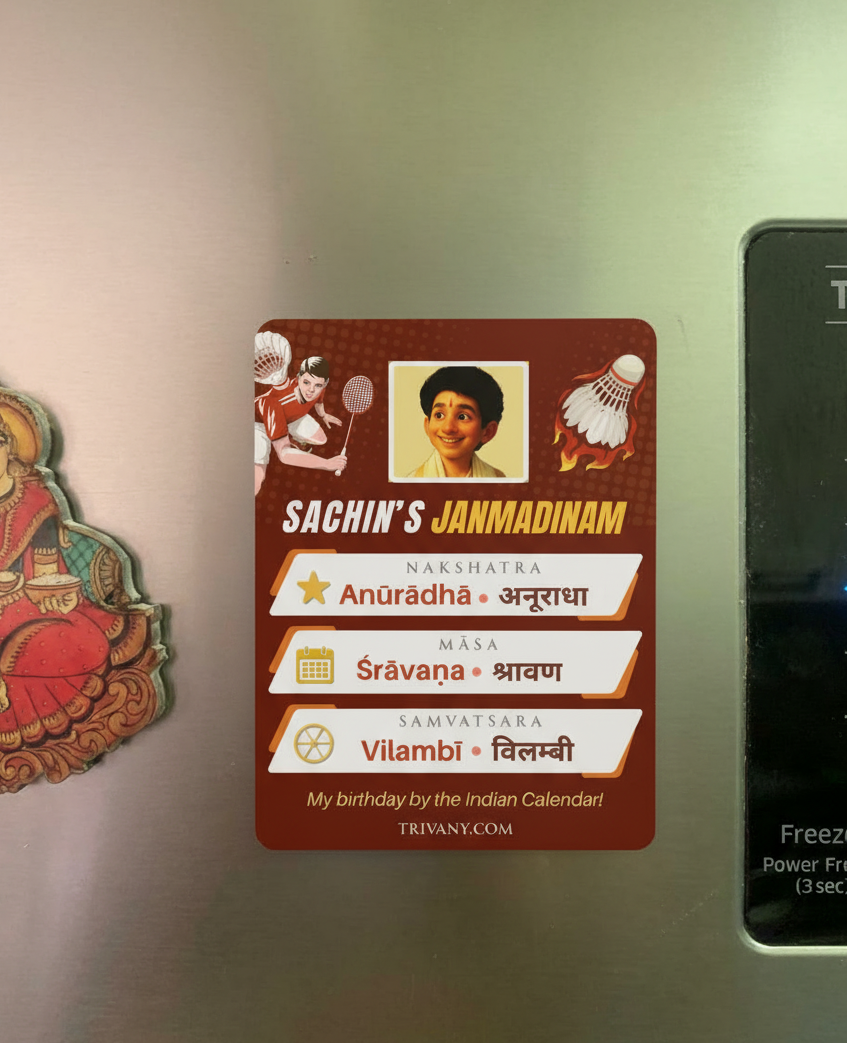 Personalized Indian birthday fridge magnet Badminton Design with child photo and Nakshatra