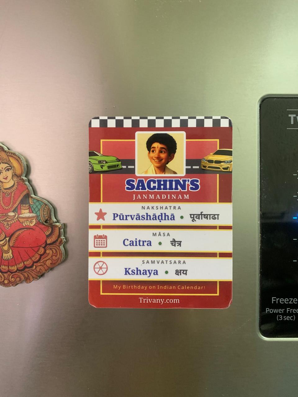 Personalized Indian birthday fridge magnet Car Design with child photo and Nakshatra