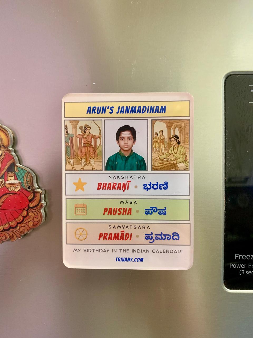 Personalized Indian birthday fridge magnet Comic Design with child photo and Nakshatra
