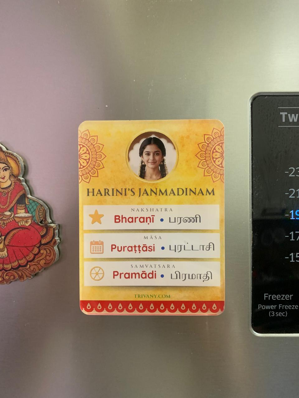 Personalized Indian birthday fridge magnet Saree Design with child photo and Nakshatra